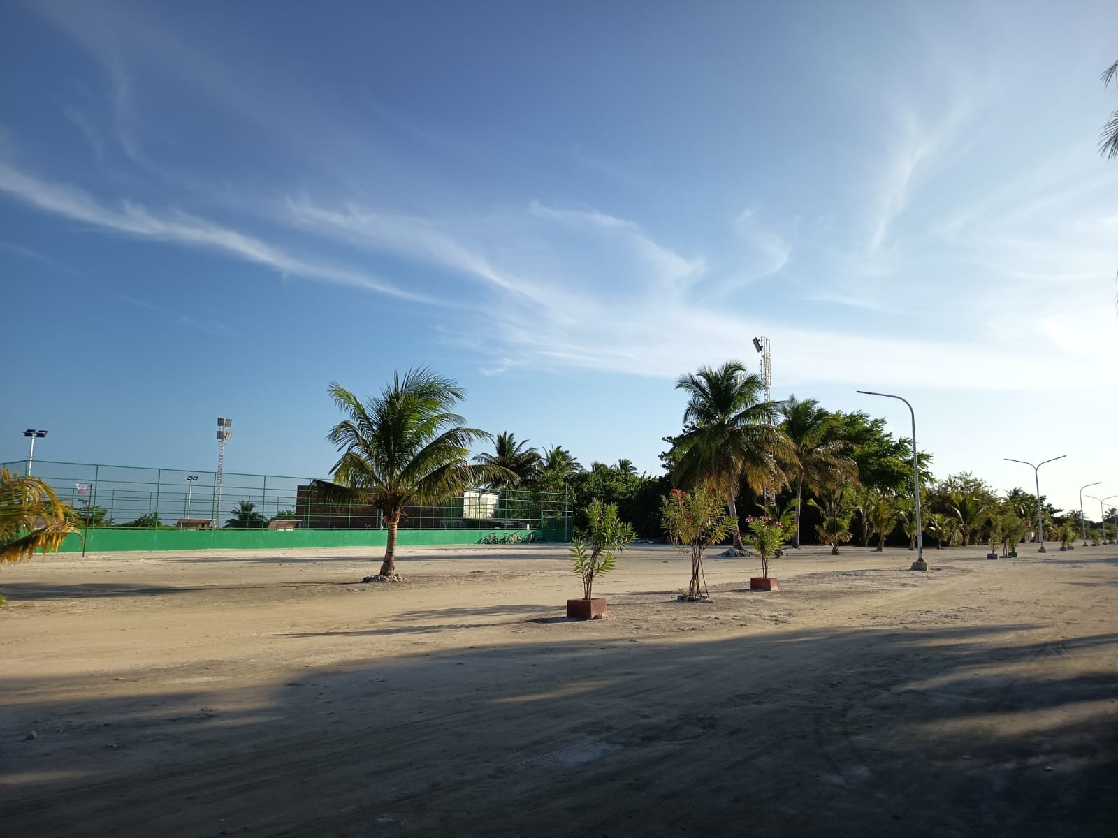 Wide sandy main road on Kaashidhoo lined with coconut palms and street lamps, with the island's futsal pitch on the left